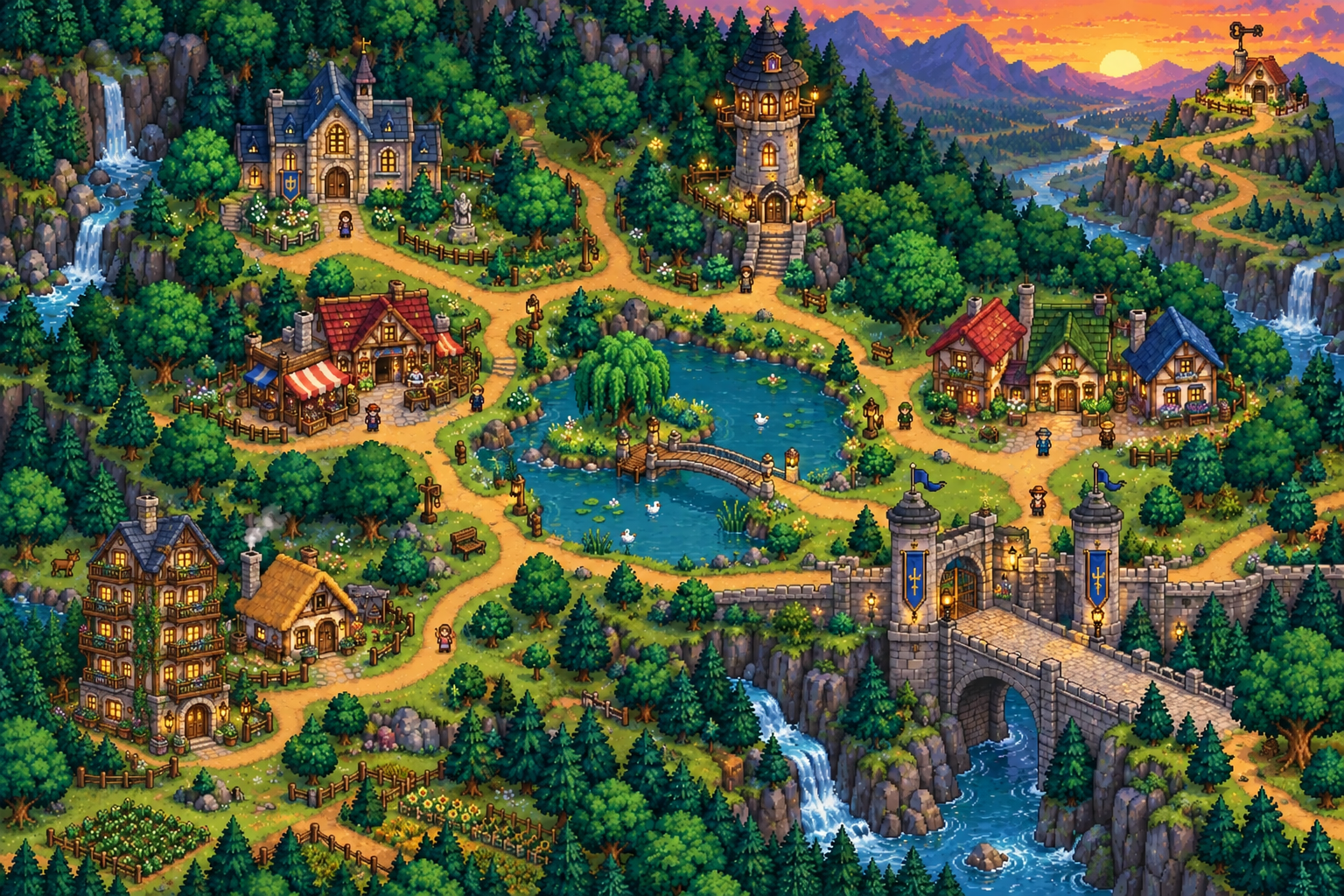 Pixel-art Hearthvale at sunset, with walkable roads between a rented cottage, shops, three houses, a condo building, and a stone bridge.